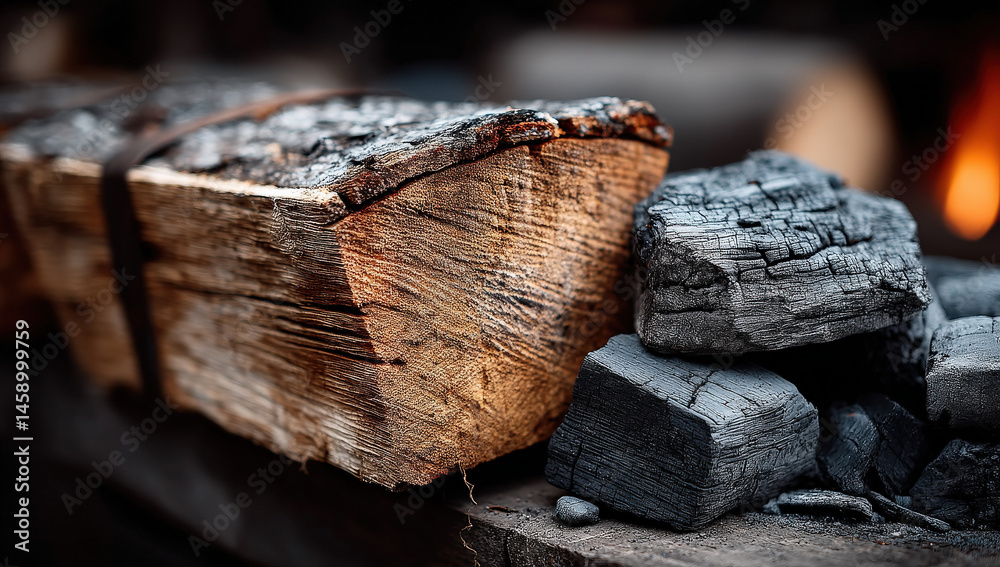 Poster Close-up view of a piece of firewood next to a pile of charcoal, showing the contrasting textures and colors of wood and coal.