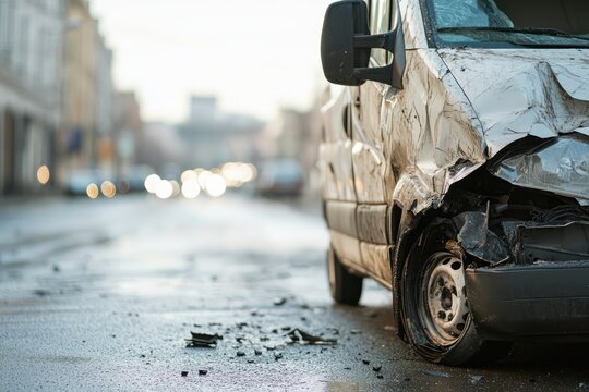 Delivery van with damage at accident scene
