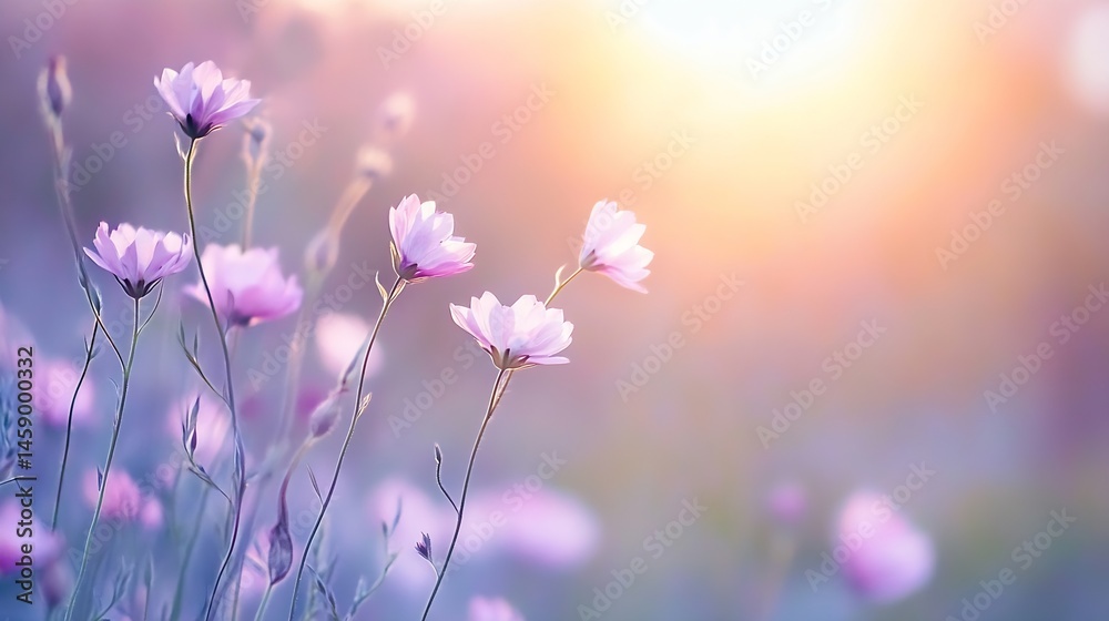 Aufkleber soft pink cosmos flowers gently sway in a field bathed in the warm glow of a setting sun, creating a