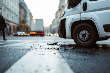 Delivery van with damage at accident scene
