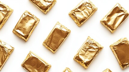 Gold-wrapped chocolate pieces arranged on a white surface