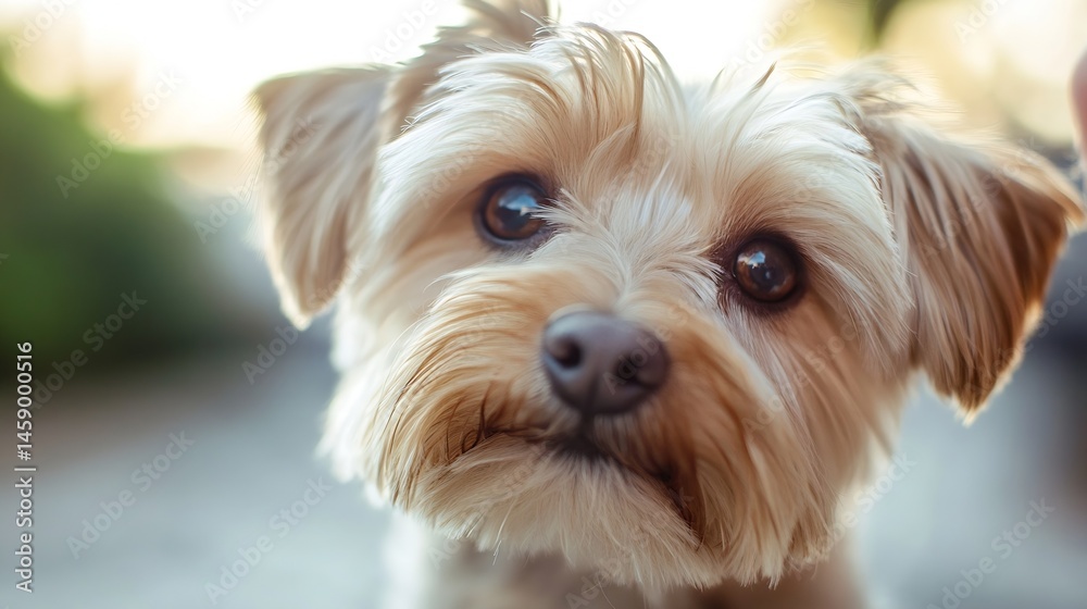 Poster close-up portrait of an adorable yorkshire terrier puppy, its fluffy tan fur highlighted by soft sun