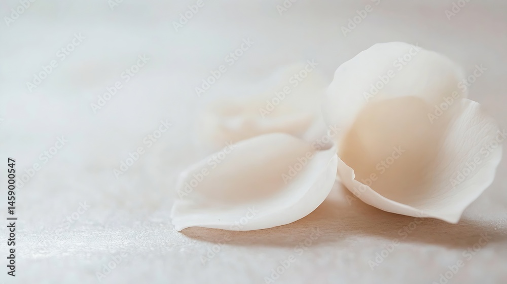 Leinwandbilder close-up of three delicate, creamy-white rose petals softly resting on a light beige surface, illumi