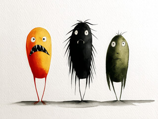 Three little monsters with surprised expressions watercolor illustration.