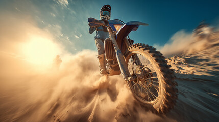 Motocross Rider Kicking Up Dust at Sunset