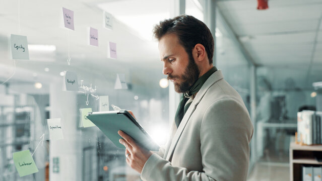 Businessman, tablet and window with research for ideas, strategy and financial planning mindmap, Digital, info on glass board or online checklist for budget, funding or finance solution in workplace