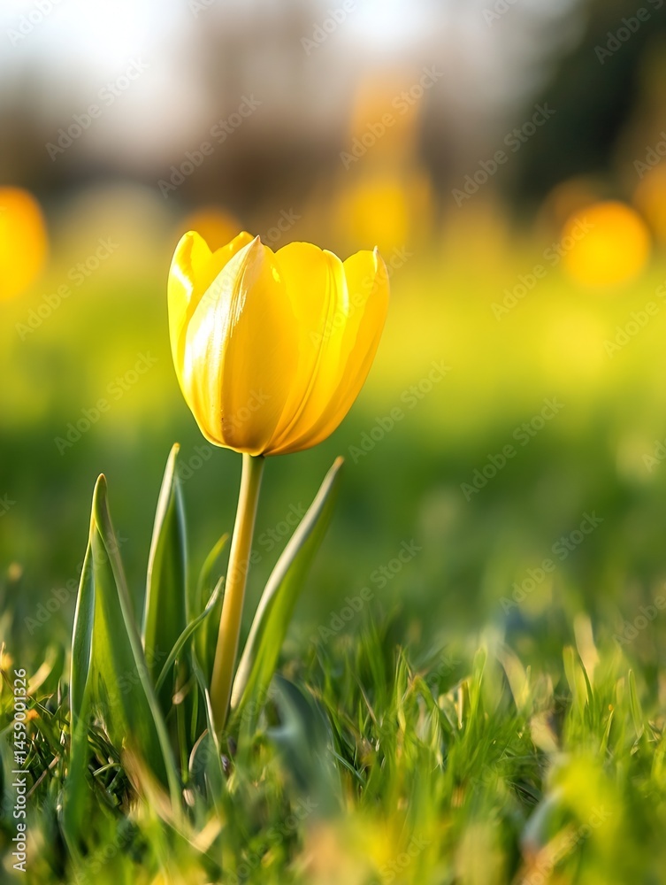 Aufkleber single yellow tulip in vibrant green grass, bathed in soft sunlight, creating a serene spring scene.