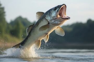 Fototapeta premium Large fish leaps energetically from water with wide open mouth during early morning light