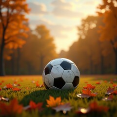 Soccer ball in autumn field at sunset