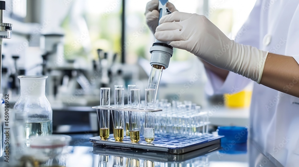 Poster a scientist in a lab coat carefully uses a pipette to dispense a liquid into test tubes, conducting 
