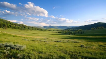 Obraz premium Serene landscape showcasing a vast green valley nestled amidst majestic mountains under a vibrant blue sky dotted with fluffy white clouds, offering a tranquil and picturesque view. : Generative AI