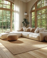 Sunlit living room, sectional sofa, large windows, nature view, interior design