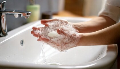 Fototapeta premium Child washing Hands at a Sink - Pandemic Bacteria, Disease, Sickness Prevention - Wash Hands with Anti Bacterial Soap and Sanitzer Gel - Personal Hygiene - Soapy Hands