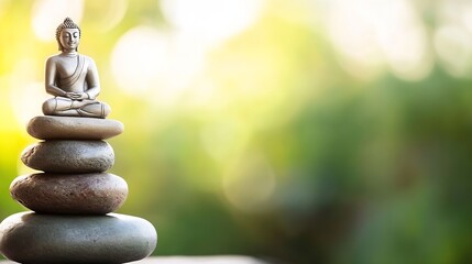Obraz premium Serene Buddha statue meditates atop a balanced stack of grey stones, set against a softly blurred green and yellow nature background. : Generative AI
