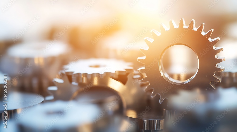 Poster close-up view of metallic gears interlocked, showcasing intricate details and a warm, sunlit backgro