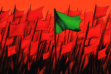 Green flag illustration with red flags in the background.