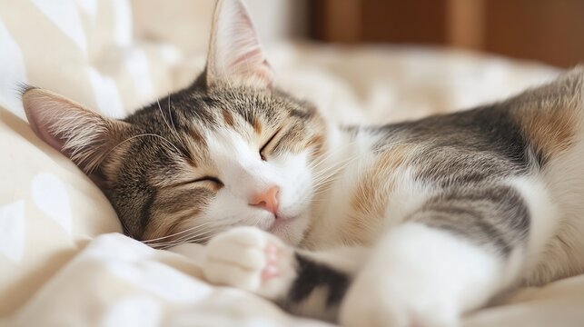 A tabby cat peacefully sleeps curled up on soft, beige bedding, its eyes closed and paws tucked neatly.  The soft light enhances the cat's fur texture and serene expression. : Generative AI - Powered by Adobe
