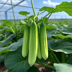 Fresh cucumbers hanging from vine in greenhouse