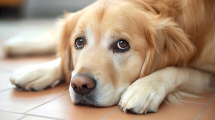 A golden retriever dog rests its head on the floor, its paws gently folded beneath it, gazing pensively into the distance with soulful brown eyes. : Generative AI