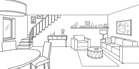 Living room graphic black white home interior sketch illustration vector 