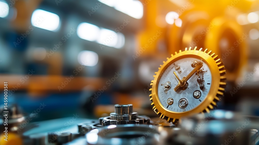 Aufkleber Close-up of a gold clock mechanism with visible gears, set against a blurred industrial factory background.  The image evokes themes of precision, time, and manufacturing. : Generative AI