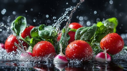 Fresh Vegetables in Water Splash, Radishes and Tomatoes tomatoes vegetables fresh water radish clean