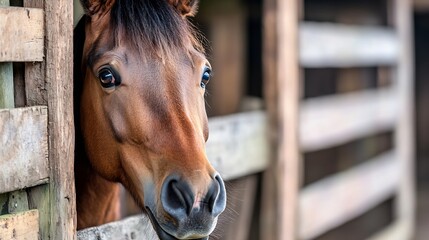 Curious brown horse peering through wooden fence slats in a stable, showcasing its expressive eyes and soft muzzle. : Generative AI