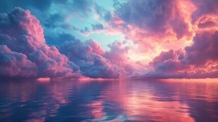 Fototapeta premium Dreamy Sunset Seascape with Pink and Blue Clouds sunset seascape clouds dreamy ocean pink clouds sky
