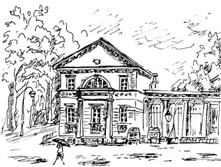 Obraz premium Town park landscape with old house. Vector black and white sketch, hand drawn.