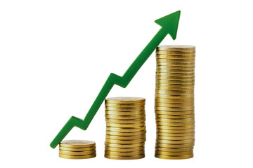 Growing Financial Success Stacks of Gold Coins with Upward Green Arrow