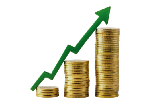 Growing Financial Success Stacks of Gold Coins with Upward Green Arrow