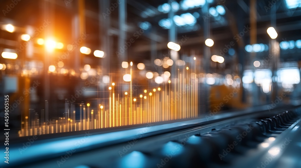 Poster Abstract industrial background with glowing bar graph overlay on a conveyor belt, showcasing technological advancement and data visualization in a factory setting. : Generative AI