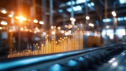 Abstract industrial background with glowing bar graph overlay on a conveyor belt, showcasing technological advancement and data visualization in a factory setting. : Generative AI