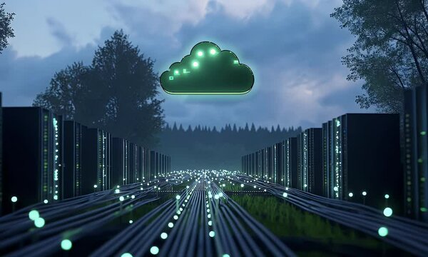 A green cloud icon floating above rows of black data center wires and hard drives, surrounded by small glowing digital clouds.