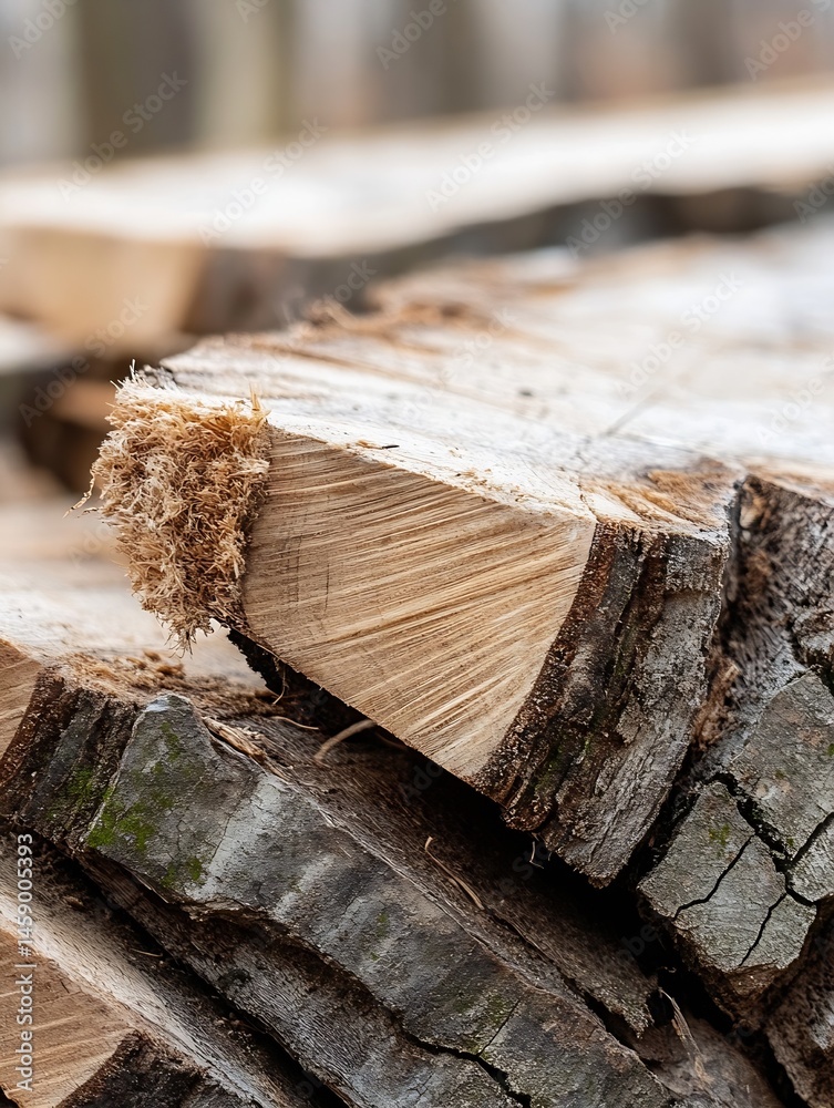 Poster close-up view of a freshly cut log, showcasing the light brown wood grain and darker, weathered bark