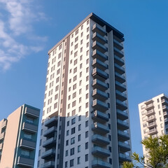Fototapeta premium Modern high-rise apartment building against a blue sky.