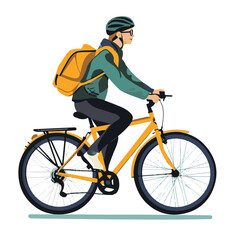 Isolated Illustration Of A Woman Biking With A Backpack On A White Background