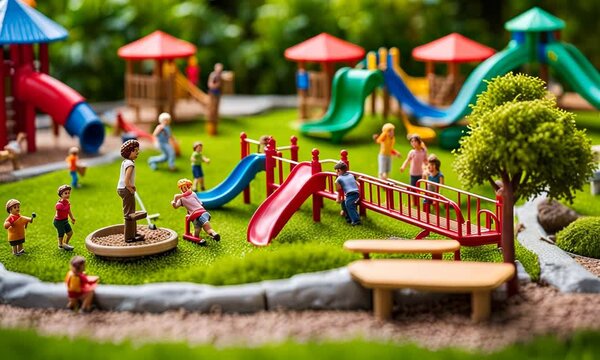 Miniature park scene with people and play structures