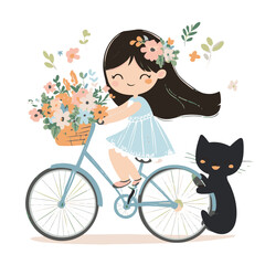 Smiling Girl Riding Bicycle With Flowers And A Cute Black Cat Illustration
