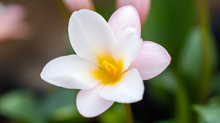 Naklejka premium Close-up view of a delicate white and pink flower with a vibrant yellow center, showcasing intricate petal details and soft, blurred green background. : Generative AI