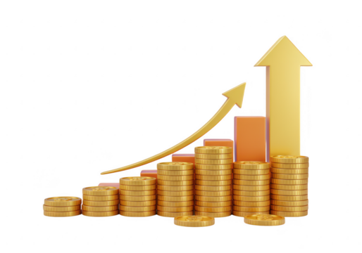 Growth chart with coins and arrow isolated on transparent background