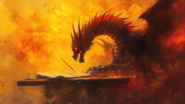 The Dragon's Manuscript: A fiery tale unfolds as a magnificent red dragon meticulously scribes ancient secrets onto parchment, amidst an inferno of orange and red hues.