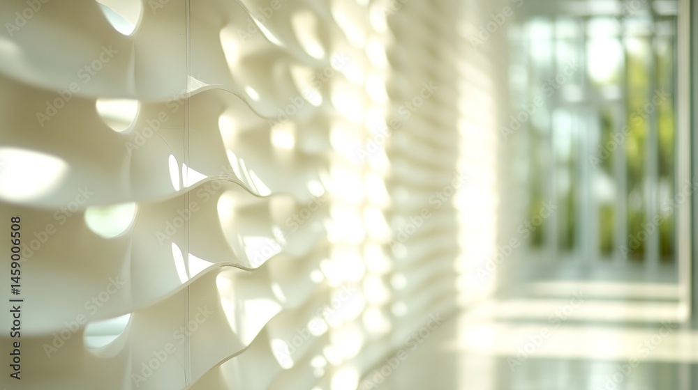 Poster abstract wave pattern on white modern wall, sunlight illuminating interior design element, architect