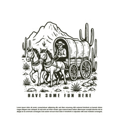 Retro hand drawn old man with covered wagon crossing the desert with his horse © purify