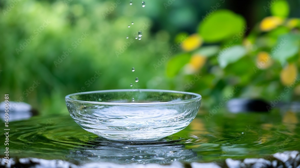 Aufkleber pure water droplets falling into a glass bowl, creating ripples on a tranquil, green, natural surfac