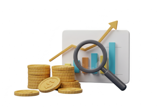 Financial analysis with coins and graph isolated on transparent background