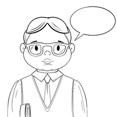 Cartoon Illustration with Student with a Book and talking Bubble. Black and white Line Illustration without filling