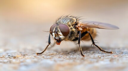Close-up view of a tachinid fly, its brown eyes and hairy legs prominent against a blurred beige background. The insect's proboscis is visible, and its wings are partially spread. : Generative AI