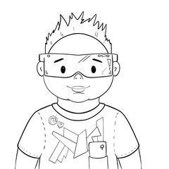 Cartoon Boy in VR-Glasses, Modern Style. Black and White Line illustration without filling