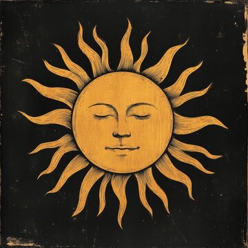 Sleeping sun with face, golden celestial emblem on black background